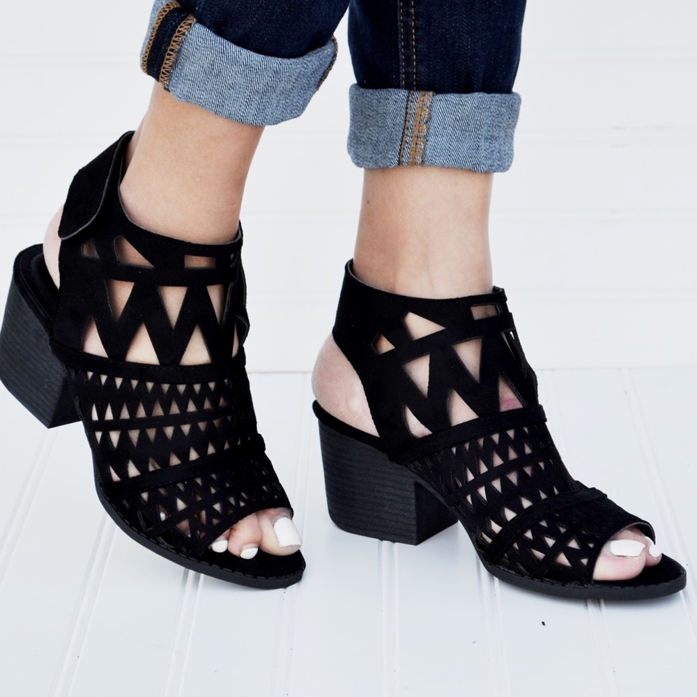 The BALEY Black Laser Cut Peep Toe Booties